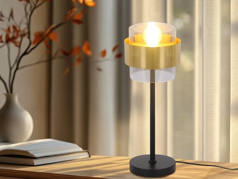 LED Tischleuchte mit Rauchglas Lampenschirm, Messingring, Höhe 47cm