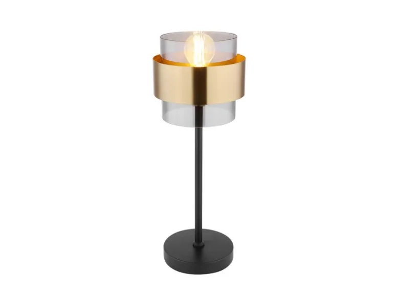LED Tischleuchte mit Rauchglas Lampenschirm, Messingring, Höhe 47cm