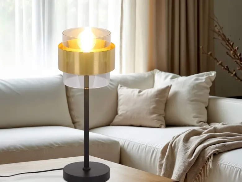LED Tischleuchte mit Rauchglas Lampenschirm, Messingring, Höhe 47cm