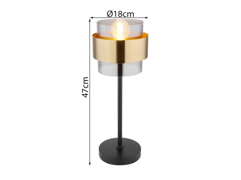 LED Tischleuchte mit Rauchglas Lampenschirm, Messingring, Höhe 47cm
