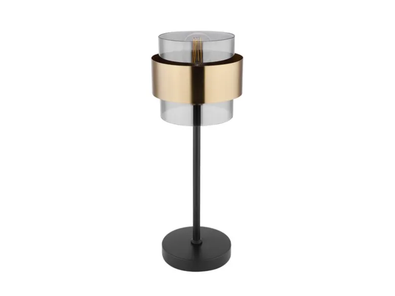 LED Tischleuchte mit Rauchglas Lampenschirm, Messingring, Höhe 47cm