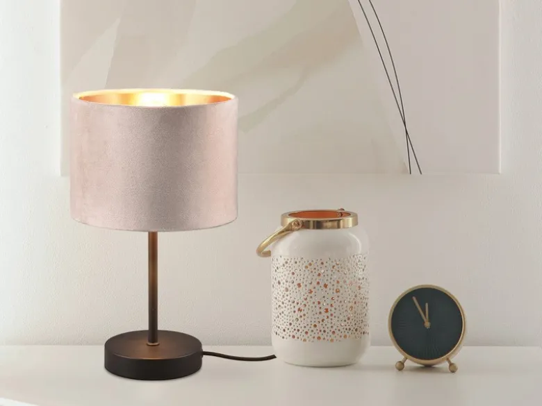 LED Tischleuchte mit Samt Lampenschirm Beige Gold, Höhe 33cm