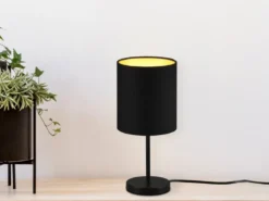LED Tischleuchte mit Stoffschirm in Schwarz innen Gold, Höhe 28cm