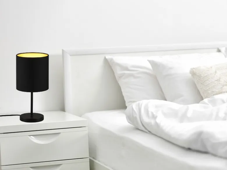 LED Tischleuchte mit Stoffschirm in Schwarz innen Gold, Höhe 28cm
