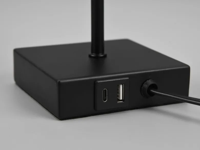LED Tischleuchte mit Stoffschirm Schwarz & USB Ladestation, Höhe 35cm