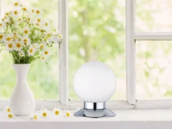 LED Tischleuchte PRINCESS Chrom Glasschirm Weiß, Touchdimmer, Höhe 13cm