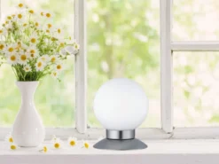 LED Tischleuchte PRINCESS Silber Glasschirm Weiß, Touchdimmer, Höhe 13cm