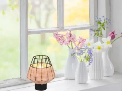 LED Tischleuchte Rattan Geflecht Natur und Gitter im Boho Stil, Höhe 20cm