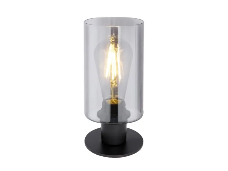 LED Tischleuchte Rauchglas Zylinder Lampenschirm, Metall Schwarz, Höhe 21,5cm