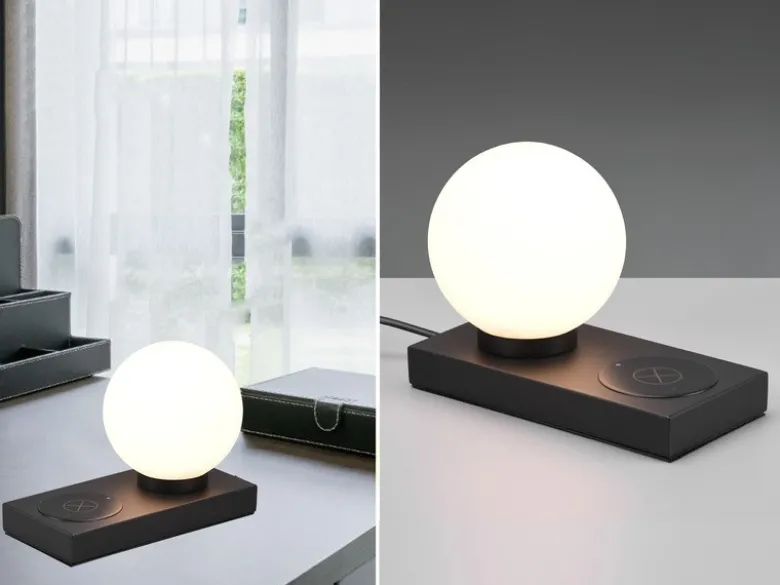 LED Tischleuchte Schwarz induktive Ladestation Touch Glasschirm Weiß, Höhe 15cm