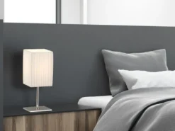 LED Tischleuchte Silber Chrom mit Plissee Stoffschirm Weiß, Höhe 26cm
