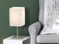 LED Tischleuchte Silber Chrom mit Plissee Stoffschirm Weiß, Höhe 26cm