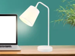 LED Tischleuchte Spot schwenkbar, aus Metall & Stoffschirm in Weiß, Höhe 45cm