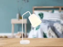 LED Tischleuchte Spot schwenkbar, aus Metall & Stoffschirm in Weiß, Höhe 45cm