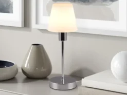 LED Touch Tischleuchte mit Glasschirm Weiß & Fuß in Chrom, Höhe 32cm