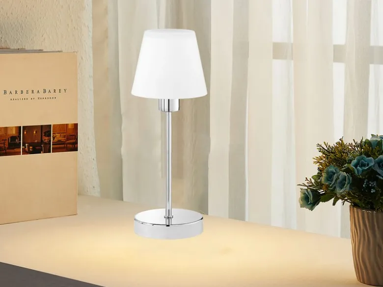 LED Touch Tischleuchte mit Glasschirm Weiß & Fuß in Chrom, Höhe 32cm