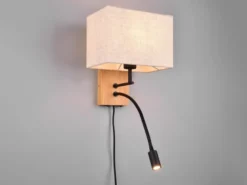 LED Wandlampe mit Leselampe Schalter & Stecker, Holz mit Stoffschirm H: 30cm