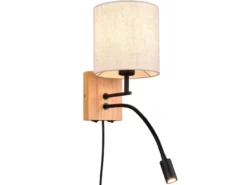 LED Wandlampe mit Leselampe Schalter & Stecker, Holz mit Stoffschirm H: 30cm