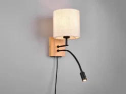 LED Wandlampe mit Leselampe Schalter & Stecker, Holz mit Stoffschirm H: 30cm