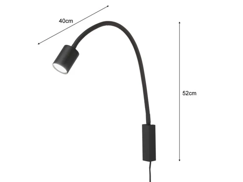 LED Wand Leselampe & Bettlampe JUSTI Schwarz mit Kabel und Stecker, Breite 6cm