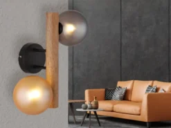LED Wandleuchte aus Holz 2-flammig Glaskugeln Rauchglas & Bernstein, Höhe 32cm