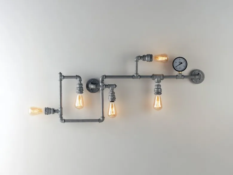 LED Wandleuchte 5-flammig in Wasserrohr Optik, Grau antik, Breite 109cm