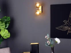 LED Wandleuchte in Gold mit Glaskugeln in Bernstein, Höhe 34cm