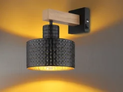 LED Wandleuchte Metall mit Schalter und Stanzmuster Schwarz Gold, Höhe 24,5cm