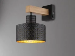 LED Wandleuchte Metall mit Schalter und Stanzmuster Schwarz Gold, Höhe 24,5cm