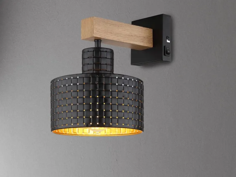 LED Wandleuchte Metall mit Schalter und Stanzmuster Schwarz Gold, Höhe 24,5cm
