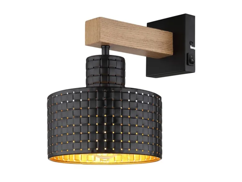 LED Wandleuchte Metall mit Schalter und Stanzmuster Schwarz Gold, Höhe 24,5cm