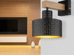 LED Wandleuchte Metall mit Schalter und Stanzmuster Schwarz Gold, Höhe 24,5cm