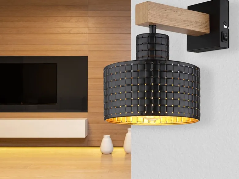 LED Wandleuchte Metall mit Schalter und Stanzmuster Schwarz Gold, Höhe 24,5cm