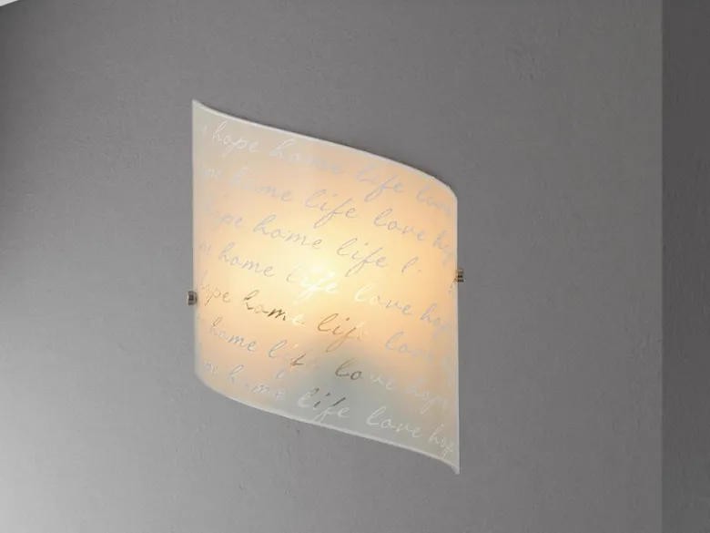 LED Wandleuchte mit Glasschirm satiniert & Schrift Dekor, Höhe 30cm