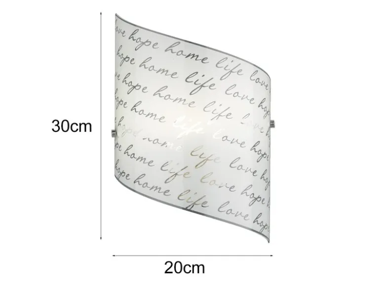 LED Wandleuchte mit Glasschirm satiniert & Schrift Dekor, Höhe 30cm
