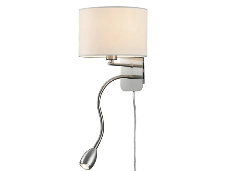 LED Wandleuchte mit Leselampe, Schalter & Stecker, Stoffschirm Weiß, Höhe 23,5cm