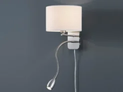 LED Wandleuchte mit Leselampe, Schalter & Stecker, Stoffschirm Weiß, Höhe 23,5cm