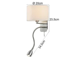 LED Wandleuchte mit Leselampe, Schalter & Stecker, Stoffschirm Weiß, Höhe 23,5cm