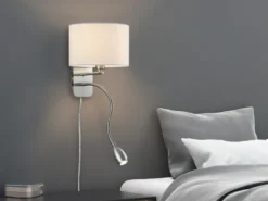 LED Wandleuchte mit Leselampe, Schalter & Stecker, Stoffschirm Weiß, Höhe 23,5cm