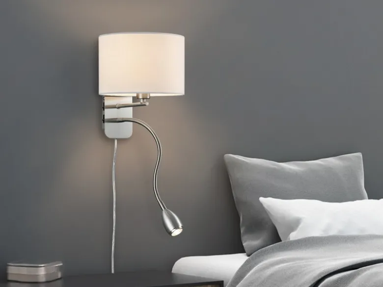 LED Wandleuchte mit Leselampe, Schalter & Stecker, Stoffschirm Weiß, Höhe 23,5cm