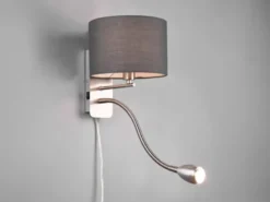 LED Wandleuchte mit Leselampe, Schalter & Stecker, Stoffschirm Grau, Höhe 23,5cm