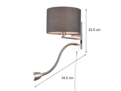 LED Wandleuchte mit Leselampe, Schalter & Stecker, Stoffschirm Grau, Höhe 23,5cm