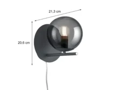 LED Wandleuchte mit Schalter, Kabel und Stecker, Rauchglas Kugel, Höhe 21cm