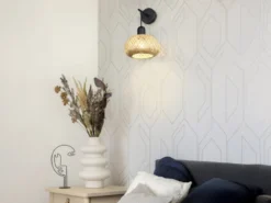 LED Wandleuchte mit Schalter & Korb Lampenschirm aus Bambus, Höhe 30cm