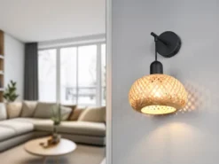 LED Wandleuchte mit Schalter & Korb Lampenschirm aus Bambus, Höhe 30cm