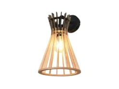 LED Wandleuchte mit Schalter & Lamellen Lampenschirm in Holzoptik, Höhe 24cm