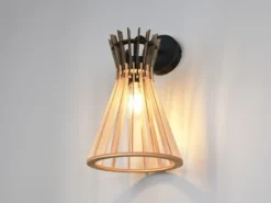 LED Wandleuchte mit Schalter & Lamellen Lampenschirm in Holzoptik, Höhe 24cm