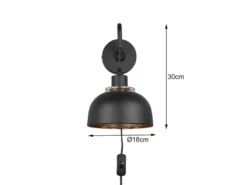 LED Wandleuchte mit Schalter und Stecker, Metall Schwarz Gold Höhe 30cm
