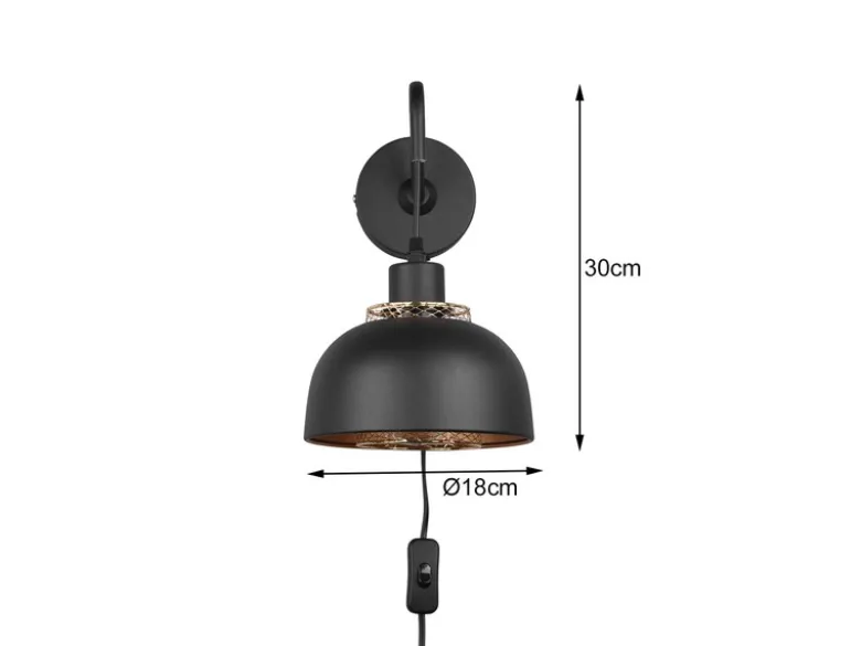 LED Wandleuchte mit Schalter und Stecker, Metall Schwarz Gold Höhe 30cm