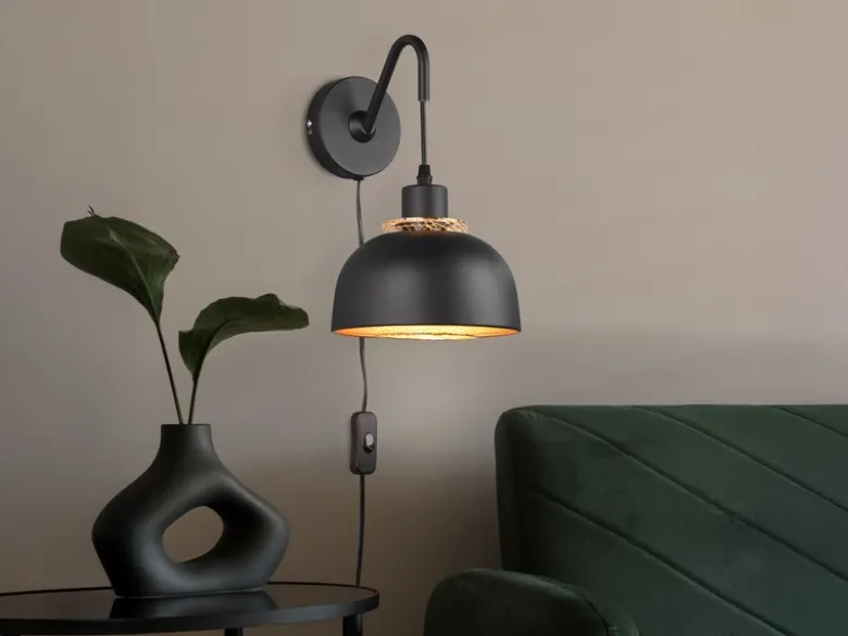 LED Wandleuchte mit Schalter und Stecker, Metall Schwarz Gold Höhe 30cm